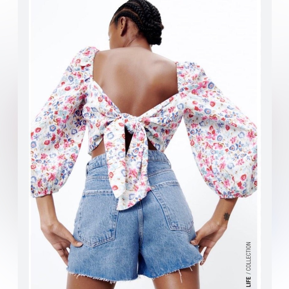 Zara linen bland floral tie back top